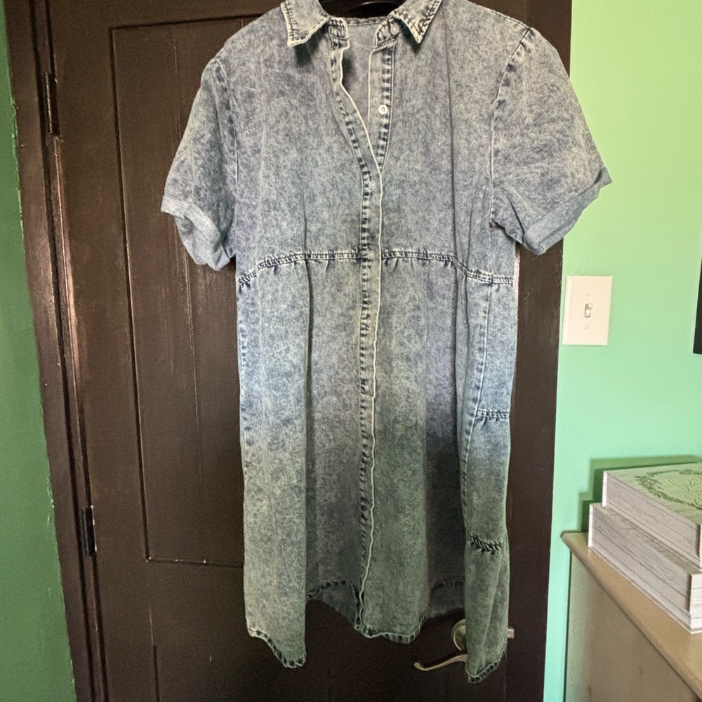 Acid Wash Denim Shirt Dress - Short Sleeve